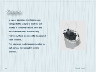 62
• In sipper operation the sipper pump
transports the sample to the flow cell
located in the sample beam. Then the
measurement starts automatically.
• Therefore, there is no need to change and
clean the cells.
• This operation mode is recommended for
high sample throughput in routine
analyses.
 