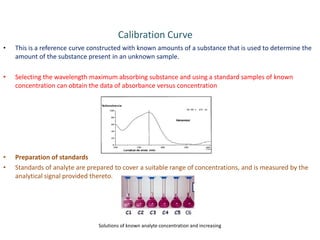 Calibration Curve
• This is a reference curve constructed with known amounts of a substance that is used to determine the
amount of the substance present in an unknown sample.
• Selecting the wavelength maximum absorbing substance and using a standard samples of known
concentration can obtain the data of absorbance versus concentration
• Preparation of standards
• Standards of analyte are prepared to cover a suitable range of concentrations, and is measured by the
analytical signal provided thereto.
Solutions of known analyte concentration and increasing
 