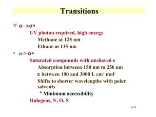 8-18 
Transitions 
 s-s* 
 UV photon required, high energy 
 Methane at 125 nm 
 Ethane at 135 nm 
• n- s* 
 Saturated compounds with unshared e- 
 Absorption between 150 nm to 250 nm 
 e between 100 and 3000 L cm-1 mol-1 
 Shifts to shorter wavelengths with polar 
solvents 
* Minimum accessibility 
 Halogens, N, O, S 
 