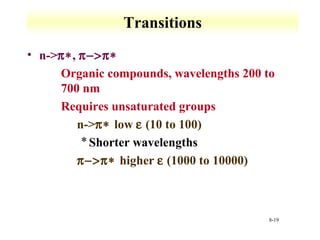 8-19 
Transitions 
• n-p*, p-p* 
 Organic compounds, wavelengths 200 to 
700 nm 
 Requires unsaturated groups 
 n-p* low e (10 to 100) 
* Shorter wavelengths 
 p-p* higher e (1000 to 10000) 
 