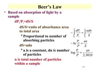 adn 
P n 
- ò = ò 
an 
- = 
8-4 
Beer’s Law 
• Based on absorption of light by a 
sample 
 dPx/Px=dS/S 
 dS/S=ratio of absorbance area 
to total area 
*Proportional to number of 
absorbing particles 
 dS=adn 
* a is a constant, dn is number 
of particles 
 n is total number of particles 
within a sample 
S 
an 
dP 
P x 
P 
P 
o 
P 
S 
P 
S 
P 
o 
x 
o 
2.303 
ln 
log 
0 
= 
 