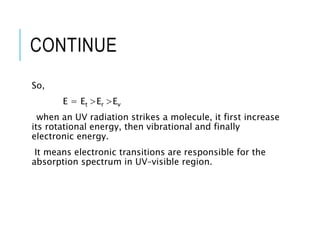 CONTINUE
So,
E = Et >Er >Ev
when an UV radiation strikes a molecule, it first increase
its rotational energy, then vibrational and finally
electronic energy.
It means electronic transitions are responsible for the
absorption spectrum in UV–visible region.
 