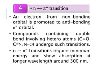 • An electron from non-bonding
orbital is promoted to anti-bonding
π* orbital.
• Compounds containing double
bond involving hetero atoms (C=O,
C≡N, N=O) undergo such transitions.
• n → π* transitions require minimum
energy and show absorption at
longer wavelength around 300 nm.
• n → π* transition4
 