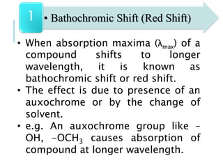 • When absorption maxima (λmax) of a
compound shifts to longer
wavelength, it is known as
bathochromic shift or red shift.
• The effect is due to presence of an
auxochrome or by the change of
solvent.
• e.g. An auxochrome group like –
OH, -OCH3 causes absorption of
compound at longer wavelength.
• Bathochromic Shift (Red Shift)1
 