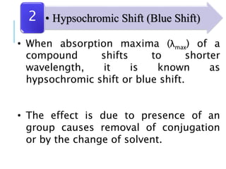 • When absorption maxima (λmax) of a
compound shifts to shorter
wavelength, it is known as
hypsochromic shift or blue shift.
• The effect is due to presence of an
group causes removal of conjugation
or by the change of solvent.
• Hypsochromic Shift (Blue Shift)2
 