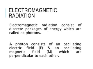 ELECTROMAGNETIC
RADIATION
Electromagnetic radiation consist of
discrete packages of energy which are
called as photons.
A photon consists of an oscillating
electric field (E) & an oscillating
magnetic field (M) which are
perpendicular to each other.
 