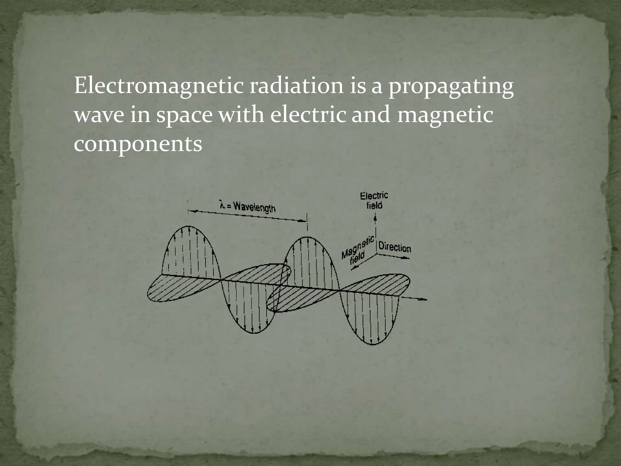Electromagnetic radiation is a propagating
wave in space with electric and magnetic
components
 
