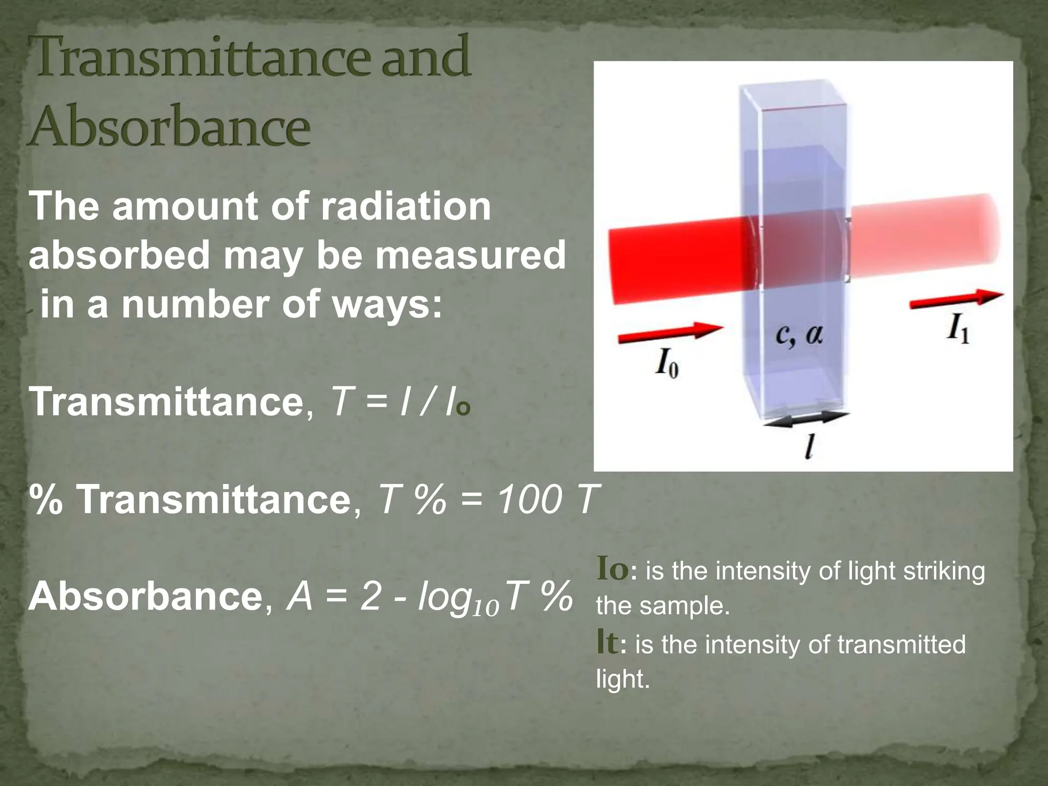 The amount of radiation
absorbed may be measured
in a number of ways:
Transmittance, T = I / Io
% Transmittance, T % = 100 T
Absorbance, A = 2 - log₁₀T %
Io: is the intensity of light striking
the sample.
It: is the intensity of transmitted
light.
 