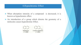 4.Hypochromic Effect
 When absorption intensity of a compound is decreased, it is
known as hypochromic effect.
 An introduction of a group which distorts the geometry of a
molecules causes hypochromic Effect.
 
