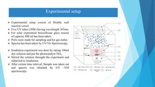 Experimental setup
 Experimental setup consist of Double wall
reaction vessel.
 Five UV tubes (30W) having wavelength 365nm.
 For solar experiment borosillicate glass reactor
of capacity 800 ml has been taken.
 Ports were made for sampling and for gas outlet.
 Spectra has been taken by UV-Vis Spectroscopy.
 Irradiation experiment was done by taking 100ml
dye solution and put the photocatalyst TiO2.
 Stirred the solution throught the experiment and
subjected to irradiation.
 After certain time interval, Sample was taken out
and spectra was obtained by UV –VIS
spectroscopy.
 