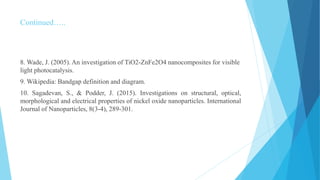 Continued…..
8. Wade, J. (2005). An investigation of TiO2-ZnFe2O4 nanocomposites for visible
light photocatalysis.
9. Wikipedia: Bandgap definition and diagram.
10. Sagadevan, S., & Podder, J. (2015). Investigations on structural, optical,
morphological and electrical properties of nickel oxide nanoparticles. International
Journal of Nanoparticles, 8(3-4), 289-301.
 