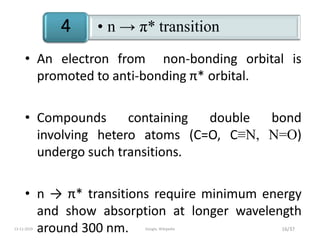 • n → π* transition4
• An electron from non-bonding orbital is
promoted to anti-bonding π* orbital.
• Compounds containing double bond
involving hetero atoms (C=O, C≡N, N=O)
undergo such transitions.
• n → π* transitions require minimum energy
and show absorption at longer wavelength
around 300 nm. 16/3713-11-2019 Google, Wikipedia
 