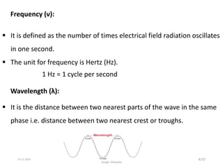 Frequency (ν):
 It is defined as the number of times electrical field radiation oscillates
in one second.
 The unit for frequency is Hertz (Hz).
1 Hz = 1 cycle per second
Wavelength (λ):
 It is the distance between two nearest parts of the wave in the same
phase i.e. distance between two nearest crest or troughs.
4/3713-11-2019
Google, Wikipedia
 