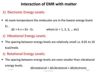 Interaction of EMR with matter
1) Electronic Energy Levels:
 At room temperature the molecules are in the lowest energy levels
E0 .
∆E = h ν = En - E0 where (n = 1, 2, 3, … etc)
2( Vibrational Energy Levels:
3( Rotational Energy Levels:
 The spacing between energy levels are relatively small i.e. 0.01 to 10
kcal/mole.
 The spacing between energy levels are even smaller than vibrational
energy levels.
∆Erotational < ∆Evibrational < ∆Eelectronic
6/3713-11-2019
Google, Wikipedia
 
