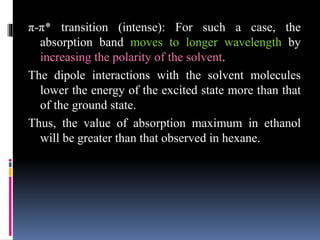 π-π* transition (intense): For such a case, the
absorption band moves to longer wavelength by
increasing the polarity of the solvent.
The dipole interactions with the solvent molecules
lower the energy of the excited state more than that
of the ground state.
Thus, the value of absorption maximum in ethanol
will be greater than that observed in hexane.
 