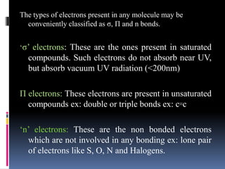 The types of electrons present in any molecule may be
conveniently classified as σ, Π and n bonds.
‘σ’ electrons: These are the ones present in saturated
compounds. Such electrons do not absorb near UV,
but absorb vacuum UV radiation (<200nm)
Π electrons: These electrons are present in unsaturated
compounds ex: double or triple bonds ex: c꞊c
‘n’ electrons: These are the non bonded electrons
which are not involved in any bonding ex: lone pair
of electrons like S, O, N and Halogens.
 