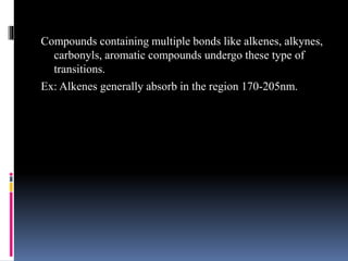Compounds containing multiple bonds like alkenes, alkynes,
carbonyls, aromatic compounds undergo these type of
transitions.
Ex: Alkenes generally absorb in the region 170-205nm.
 