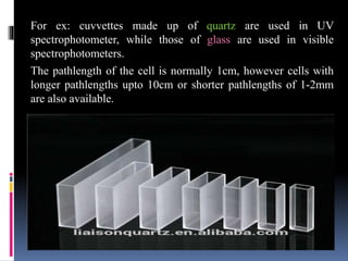 For ex: cuvvettes made up of quartz are used in UV
spectrophotometer, while those of glass are used in visible
spectrophotometers.
The pathlength of the cell is normally 1cm, however cells with
longer pathlengths upto 10cm or shorter pathlengths of 1-2mm
are also available.
 