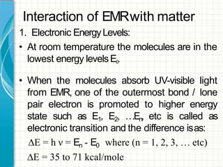 Interaction of EMRwith matter
1. Electronic EnergyLevels:
• At room temperature the molecules are in the
lowest energy levelsE0.
• When the molecules absorb UV-visible light
from EMR, one of the outermost bond / lone
pair electron is promoted to higher energy
state such as E1, E2, …En, etc is called as
electronic transition and the difference isas:
∆E = h ν = En - E0 where (n = 1, 2, 3, … etc)
∆E = 35 to 71 kcal/mole
 