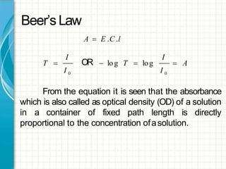 Beer’sLaw
A  E .C .l
I
T  OR
I
 A log T  log
I 0 I 0
From the equation it is seen that the absorbance
which is also called as optical density (OD) of a solution
in a container of fixed path length is directly
proportional to the concentration ofasolution.
 