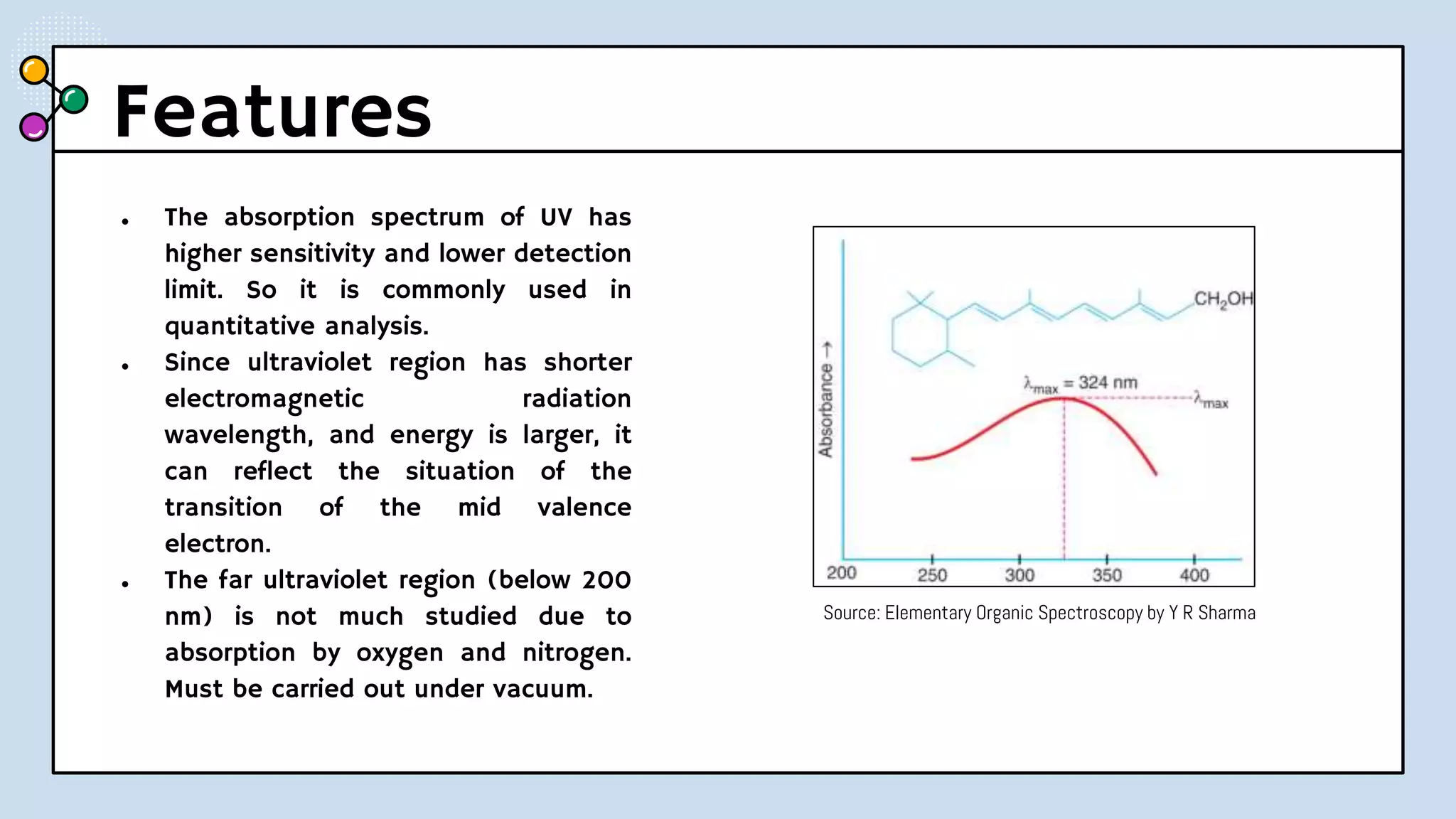 Features
● The absorption spectrum of UV has
higher sensitivity and lower detection
limit. So it is commonly used in
quantitative analysis.
● Since ultraviolet region has shorter
electromagnetic radiation
wavelength, and energy is larger, it
can reflect the situation of the
transition of the mid valence
electron.
● The far ultraviolet region (below 200
nm) is not much studied due to
absorption by oxygen and nitrogen.
Must be carried out under vacuum.
Source: Elementary Organic Spectroscopy by Y R Sharma
 
