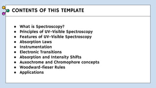 CONTENTS OF THIS TEMPLATE
● What is Spectroscopy?
● Principles of UV-Visible Spectroscopy
● Features of UV-Visible Spectroscopy
● Absorption Laws
● Instrumentation
● Electronic Transitions
● Absorption and Intensity Shifts
● Auxochrome and Chromophore concepts
● Woodward-fieser Rules
● Applications
 