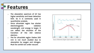 Features
● The absorption spectrum of UV has
higher sensitivity and lower detection
limit. So it is commonly used in
quantitative analysis.
● Since ultraviolet region has shorter
electromagnetic radiation
wavelength, and energy is larger, it
can reflect the situation of the
transition of the mid valence
electron.
● The far ultraviolet region (below 200
nm) is not much studied due to
absorption by oxygen and nitrogen.
Must be carried out under vacuum.
Source: Elementary Organic Spectroscopy by Y R Sharma
 