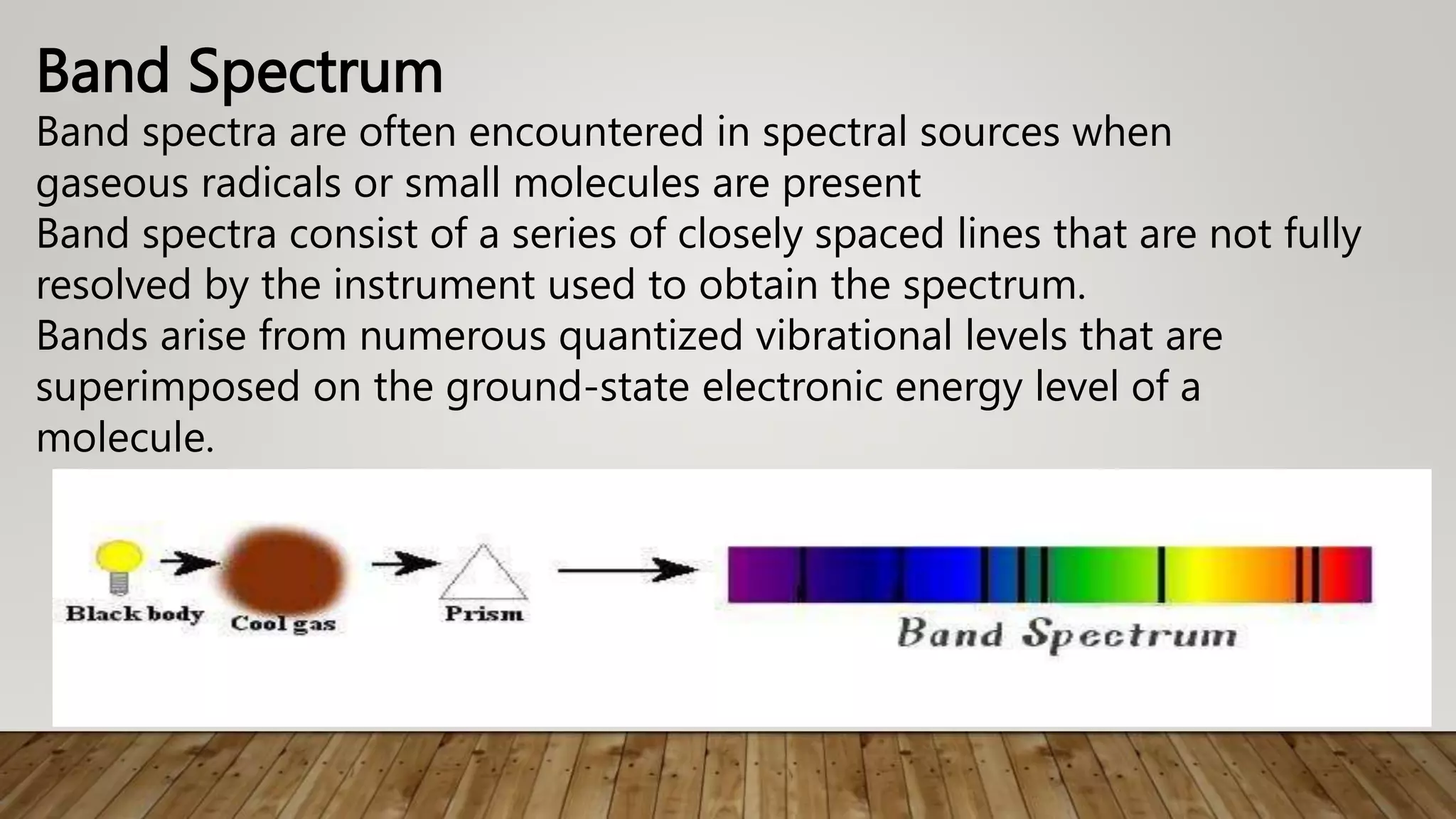 Band Spectrum
Band spectra are often encountered in spectral sources when
gaseous radicals or small molecules are present
Band spectra consist of a series of closely spaced lines that are not fully
resolved by the instrument used to obtain the spectrum.
Bands arise from numerous quantized vibrational levels that are
superimposed on the ground-state electronic energy level of a
molecule.
 