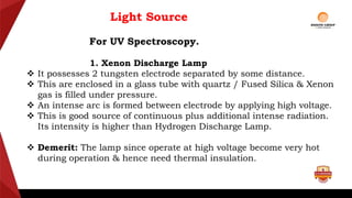 Light Source
For UV Spectroscopy.
1. Xenon Discharge Lamp
 It possesses 2 tungsten electrode separated by some distance.
 This are enclosed in a glass tube with quartz / Fused Silica & Xenon
gas is filled under pressure.
 An intense arc is formed between electrode by applying high voltage.
 This is good source of continuous plus additional intense radiation.
Its intensity is higher than Hydrogen Discharge Lamp.
 Demerit: The lamp since operate at high voltage become very hot
during operation & hence need thermal insulation.
 