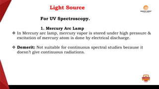 Light Source
For UV Spectroscopy.
1. Mercury Arc Lamp
 In Mercury arc lamp, mercury vapor is stored under high pressure &
excitation of mercury atom is done by electrical discharge.
 Demerit: Not suitable for continuous spectral studies because it
doesn’t give continuous radiations.
 