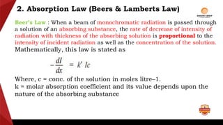 2. Absorption Law (Beers & Lamberts Law)
Beer’s Law : When a beam of monochromatic radiation is passed through
a solution of an absorbing substance, the rate of decrease of intensity of
radiation with thickness of the absorbing solution is proportional to the
intensity of incident radiation as well as the concentration of the solution.
Mathematically, this law is stated as
Where, c = conc. of the solution in moles litre–1.
k = molar absorption coefficient and its value depends upon the
nature of the absorbing substance
 