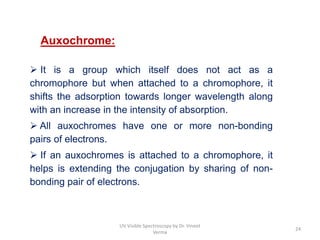  It is a group which itself does not act as a
chromophore but when attached to a chromophore, it
shifts the adsorption towards longer wavelength along
with an increase in the intensity of absorption.
 All auxochromes have one or more non-bonding
pairs of electrons.
 If an auxochromes is attached to a chromophore, it
helps is extending the conjugation by sharing of non-
bonding pair of electrons.
Auxochrome:
24
UV Visible Spectroscopy by Dr. Vineet
Verma
 