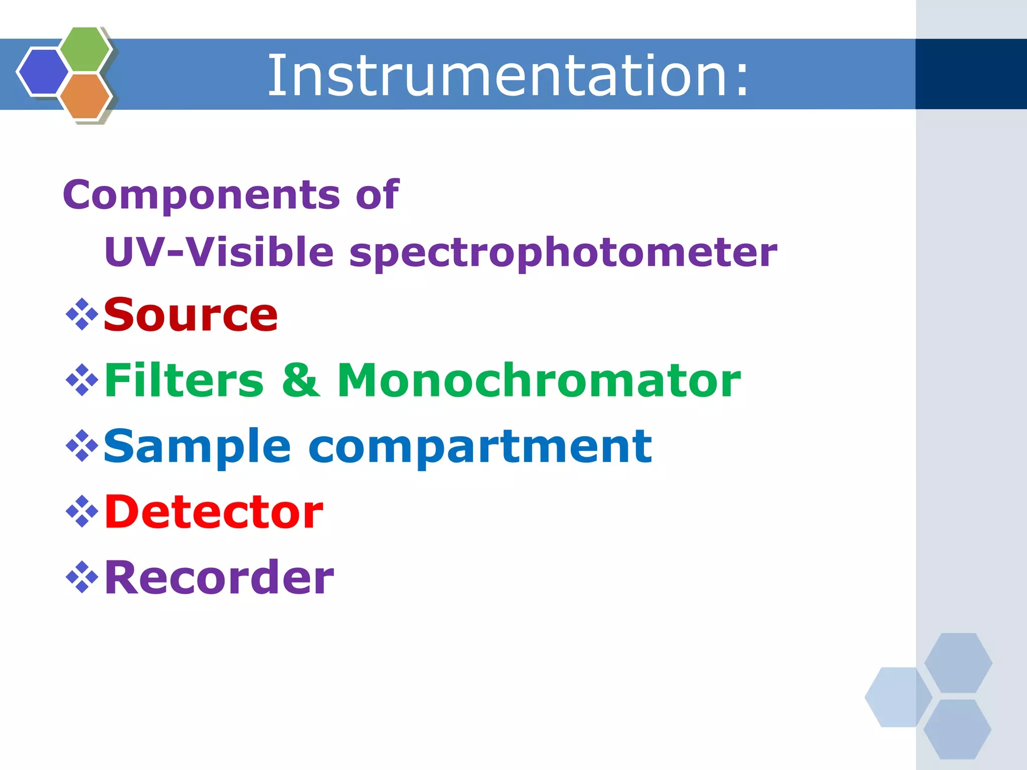 Instrumentation:
Components of
UV-Visible spectrophotometer
Source
Filters & Monochromator
Sample compartment
Detector
Recorder
 