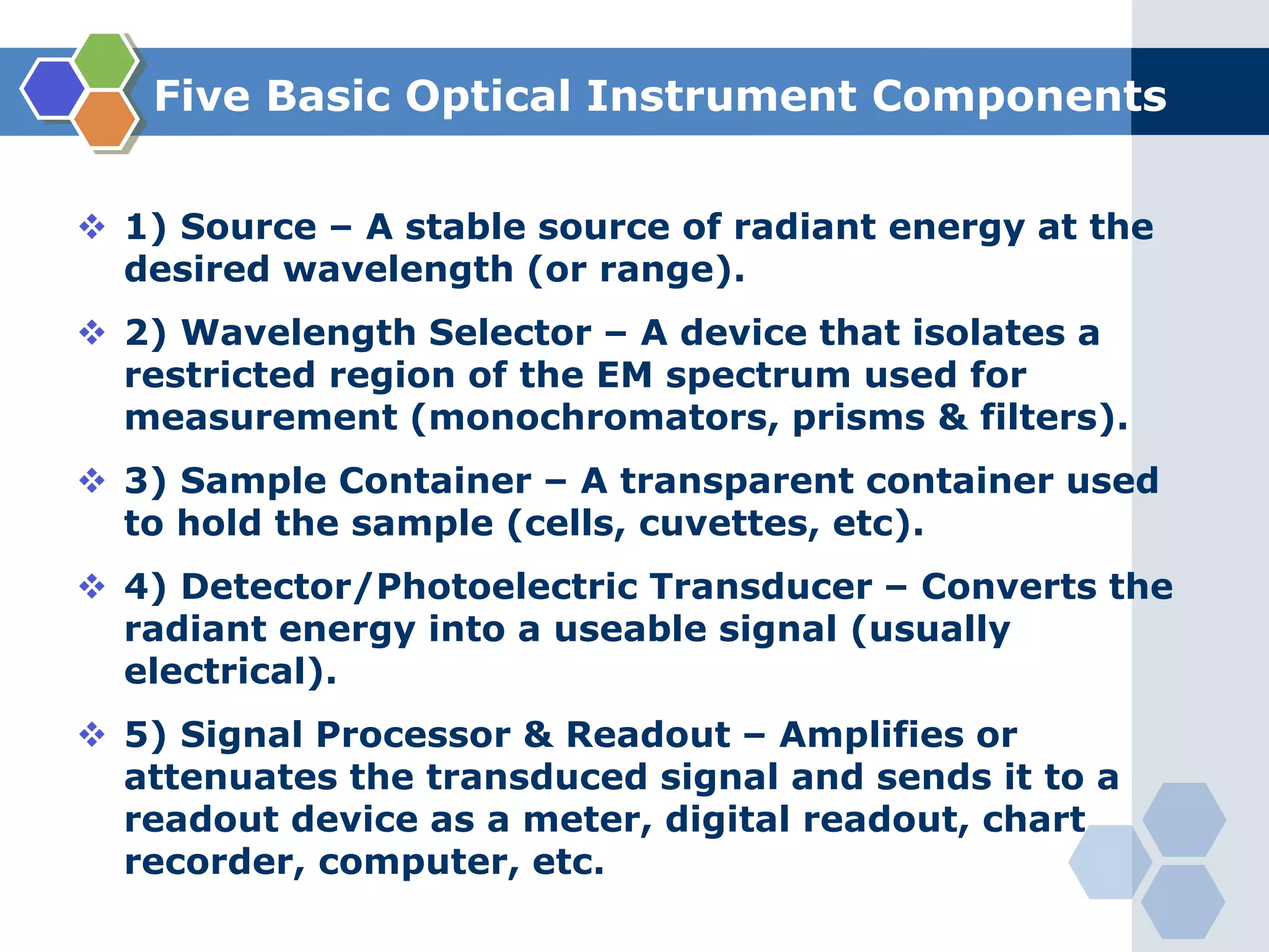 Five Basic Optical Instrument Components
 1) Source – A stable source of radiant energy at the
desired wavelength (or range).
 2) Wavelength Selector – A device that isolates a
restricted region of the EM spectrum used for
measurement (monochromators, prisms & filters).
 3) Sample Container – A transparent container used
to hold the sample (cells, cuvettes, etc).
 4) Detector/Photoelectric Transducer – Converts the
radiant energy into a useable signal (usually
electrical).
 5) Signal Processor & Readout – Amplifies or
attenuates the transduced signal and sends it to a
readout device as a meter, digital readout, chart
recorder, computer, etc.
 