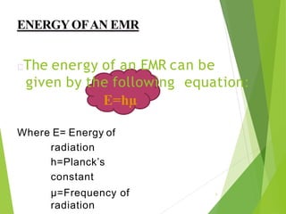 Where E= Energy of
radiation
h=Planck’s
constant
µ=Frequency of
radiation
The energy of an EMR can be
given by the following equation:
E=hµ
1
 