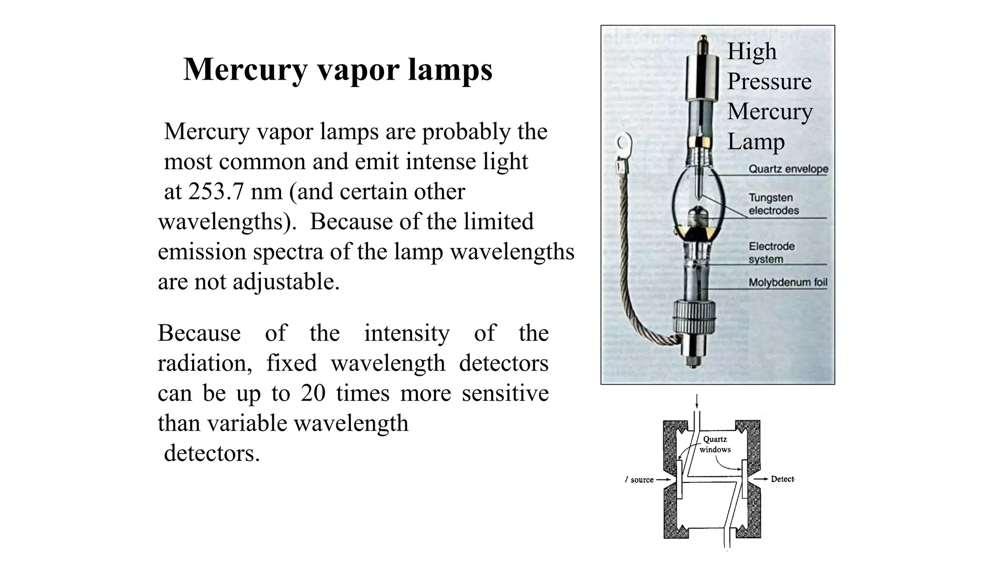 High
Pressure
Mercury
Lamp
Mercury vapor lamps
Mercury vapor lamps are probably the
most common and emit intense light
at 253.7 nm (and certain other
wavelengths). Because of the limited
emission spectra of the lamp wavelengths
are not adjustable.
Because of the intensity of the
radiation, fixed wavelength detectors
can be up to 20 times more sensitive
than variable wavelength
detectors.
 