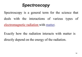 Spectroscopy
Spectroscopy is a general term for the science that
deals with the interactions of various types of
electromagnetic radiation with matter.
Exactly how the radiation interacts with matter is
directly depend on the energy of the radiation.
Spectroscopy
14
 