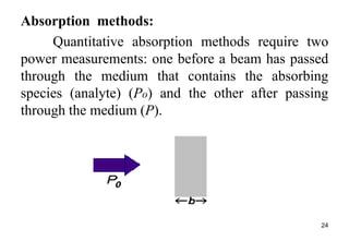Absorption methods:
Quantitative absorption methods require two
power measurements: one before a beam has passed
through the medium that contains the absorbing
species (analyte) (Po) and the other after passing
through the medium (P).
24
 