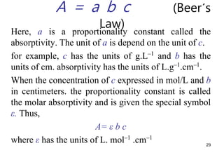 A = a b c (Beer´s
Law)
Here, a is a proportionality constant called the
absorptivity. The unit of a is depend on the unit of c.
for example, c has the units of g.L–1
and b has the
units of cm. absorptivity has the units of L.g–1
.cm–1
.
When the concentration of c expressed in mol/L and b
in centimeters. the proportionality constant is called
the molar absorptivity and is given the special symbol
ε. Thus,
A= ε b c
where ε has the units of L. mol–1
.cm–1
29
 