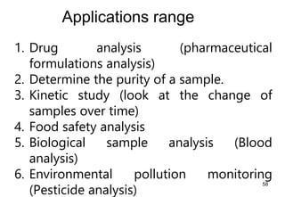 Applications range
1. Drug analysis (pharmaceutical
formulations analysis)
2. Determine the purity of a sample.
3. Kinetic study (look at the change of
samples over time)
4. Food safety analysis
5. Biological sample analysis (Blood
analysis)
6. Environmental pollution monitoring
(Pesticide analysis)
58
 
