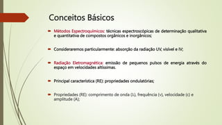  Métodos Espectroquímicos: técnicas espectroscópicas de determinação qualitativa
e quantitativa de compostos orgânicos e inorgânicos;
 Consideraremos particularmente: absorção da radiação UV, visível e IV;
 Radiação Eletromagnética: emissão de pequenos pulsos de energia através do
espaço em velocidades altíssimas.
 Principal característica (RE): propriedades ondulatórias;
 Propriedades (RE): comprimento de onda (), frequência (), velocidade (c) e
amplitude (A);
Conceitos Básicos
 