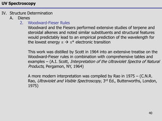 40
UV Spectroscopy
IV. Structure Determination
A. Dienes
2. Woodward-Fieser Rules
Woodward and the Fiesers performed extensive studies of terpene and
steroidal alkenes and noted similar substituents and structural features
would predictably lead to an empirical prediction of the wavelength for
the lowest energy   * electronic transition
This work was distilled by Scott in 1964 into an extensive treatise on the
Woodward-Fieser rules in combination with comprehensive tables and
examples – (A.I. Scott, Interpretation of the Ultraviolet Spectra of Natural
Products, Pergamon, NY, 1964)
A more modern interpretation was compiled by Rao in 1975 – (C.N.R.
Rao, Ultraviolet and Visible Spectroscopy, 3rd Ed., Butterworths, London,
1975)
 