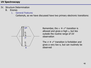 48
UV Spectroscopy
IV. Structure Determination
B. Enones
1. General Features
Carbonyls, as we have discussed have two primary electronic transitions:


n
Remember, the   * transition is
allowed and gives a high e, but lies
outside the routine range of UV
observation
The n  * transition is forbidden and
gives a very low e, but can routinely be
observed
 