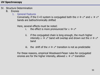 50
UV Spectroscopy
IV. Structure Determination
B. Enones
1. General Features
Conversely, if the C=O system is conjugated both the n  * and   *
bands are bathochromically shifted
Here, several effects must be noted:
i. the effect is more pronounced for   *
ii. if the conjugated chain is long enough, the much higher
intensity   * band will overlap and drown out the n  *
band
iii. the shift of the n  * transition is not as predictable
For these reasons, empirical Woodward-Fieser rules for conjugated
enones are for the higher intensity, allowed   * transition
 