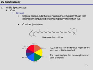 73
UV Spectroscopy
V. Visible Spectroscopy
A. Color
1. General
• Organic compounds that are “colored” are typically those with
extensively conjugated systems (typically more than five)
• Consider -carotene
-carotene, lmax = 455 nm
lmax is at 455 – in the far blue region of the
spectrum – this is absorbed
The remaining light has the complementary
color of orange
 