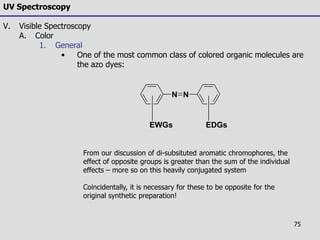 75
UV Spectroscopy
V. Visible Spectroscopy
A. Color
1. General
• One of the most common class of colored organic molecules are
the azo dyes:
From our discussion of di-subsituted aromatic chromophores, the
effect of opposite groups is greater than the sum of the individual
effects – more so on this heavily conjugated system
Coincidentally, it is necessary for these to be opposite for the
original synthetic preparation!
N N
EDGsEWGs
 