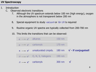 8
UV Spectroscopy
I. Introduction
C. Observed electronic transitions
7. Although the UV spectrum extends below 100 nm (high energy), oxygen
in the atmosphere is not transparent below 200 nm
8. Special equipment to study vacuum or far UV is required
9. Routine organic UV spectra are typically collected from 200-700 nm
10. This limits the transitions that can be observed:
s
s

n
n
s


s

alkanes
carbonyls
unsaturated cmpds.
O, N, S, halogens
carbonyls
150 nm
170 nm
180 nm √ - if conjugated!
190 nm
300 nm √
 