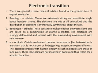 Electronic transition 
•Therearegenerallythreetypesoforbitalsfoundinthegroundstateoforganicmolecules. 
1.Bondingσ–orbitals:Theseareextremelystrongandconstitutesinglebondsbetweenatoms.Theelectronsarenotatalldelocalizedandthedistributionofelectronsiscylindricallysymmetricalabouttheaxis. 
2.Bondingπ–orbitals:Theseconstitutemultiplebondsbetweenatomsandarebasedonacombinationofatomicp-orbitals.Theelectronsarestronglydelocalizedandinteractwiththesurroundingenvironmentwithrelativeease. 
3.n–orbitals:Certainmoleculescontainsheteroatoms(i.e.heteroatomisanyatomthatisnotcarbonorhydrogene.g.oxygen,nitrogen,sulfur,etc). Theoccupiedorbitalswithhighestenergyinsuchmoleculesarethoseoflonepairs.Theselonepairsarenotinvolvedinbondsandthusretaintheiratomiccharacters.  