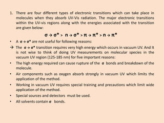 1.TherearefourdifferenttypesofelectronictransitionswhichcantakeplaceinmoleculeswhentheyabsorbUV-Visradiation.ThemajorelectronictransitionswithintheUV-visregionsalongwiththeenergiesassociatedwiththetransitionaregivenbelow: 
σσ*>nσ*>ππ*>nπ* 
•Aσσ*arenotusefulforfollowingreasons: 
Theσσ*transitionrequiresveryhighenergywhichoccursinvacuumUV.AndItisnotwisetothinkofdoingUVmeasurementsonmolecularspeciesinthevacuumUVregion(125-185nm)forfiveimportantreasons: 
•Thehighenergyrequiredcancauseruptureoftheσbondsandbreakdownofthemolecule. 
•AircomponentssuchasoxygenabsorbstronglyinvacuumUVwhichlimitstheapplicationofthemethod. 
•WorkinginvacuumUVrequiresspecialtrainingandprecautionswhichlimitwideapplicationofthemethod. 
•Specialsourcesanddetectorsmustbeused. 
•Allsolventscontainσbonds.  