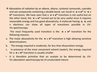 Absorptionofradiationbyanalkene,alkyne,carbonylcomounds,cyanidesandazocompoundscontainingadoublebond,canresultinσσ*orπ π*transitions.Wehaveseenthataσσ*transitionisnotusefulbutontheotherhand,theππ*turnedouttobeveryusefulsinceitrequiresreasonableenergyandhasgoodabsorptivity.Amoleculehavingσ,π,andnelectronscanshowalltypesoftransitionspossibleinUV- Visspectroscopy. 
Themostfrequentlyusedtransitionistheππ*transitionforthefollowingreasons: 
a.Themolarabsorptivityfortheππ*transitionishighallowingsensitivedeterminations. 
b.Theenergyrequiredismoderate,farlessthandissociationenergy. 
c.Inpresenceofthemostconvenientsolvent(water),theenergyrequiredforaππ*transitionisusuallysmaller. 
•ItisthereforeprimitivethatananalytetobedeterminedbyUV- Visabsorptionspectroscopybeofunsaturatednature.  